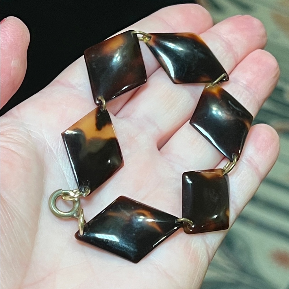 Vintage Faux Tortoiseshell Bakelite Geometric Diamond Shaped Link Bracelet